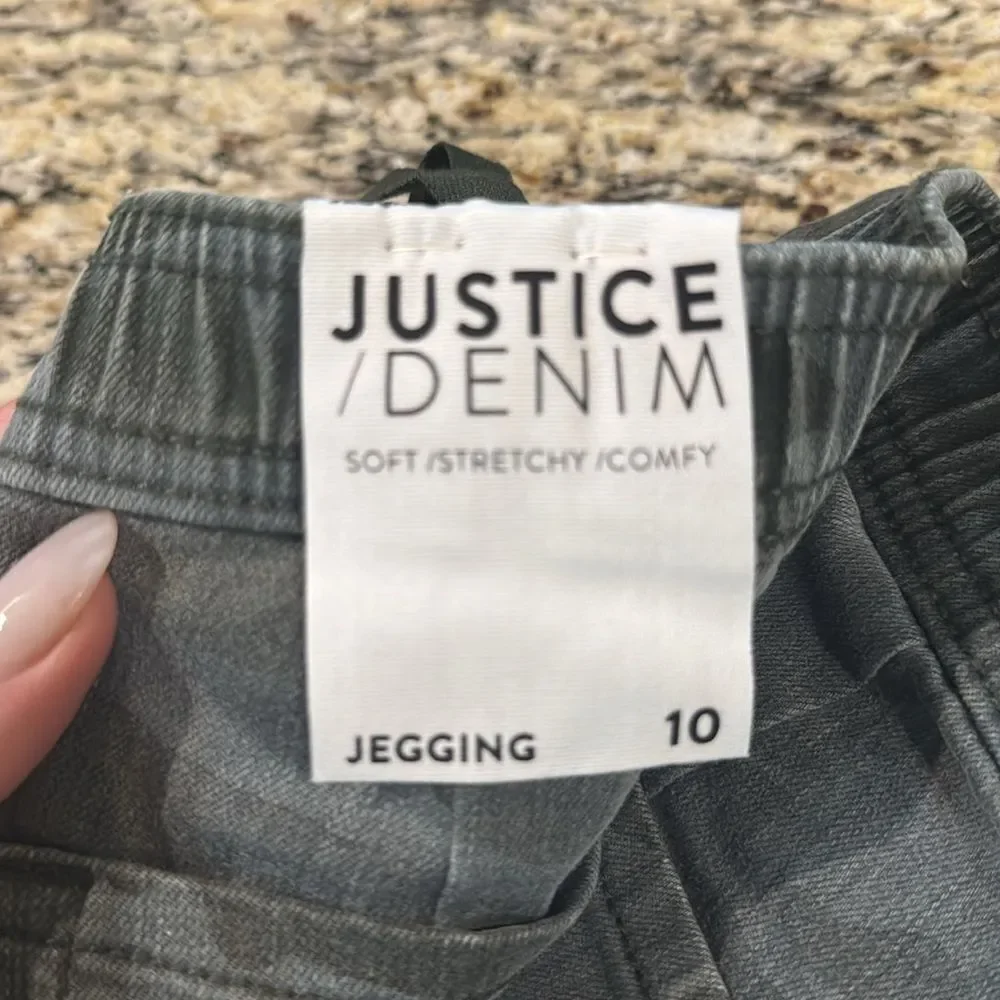Justice Gray Camouflage Kids Jeans jeggings soft comfy stretchy tie waist sz 10